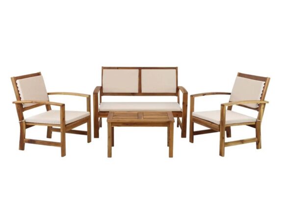 Set 4 Pz Salotto Sassari Ecrù Con Cuscini In Legno Di Acacia