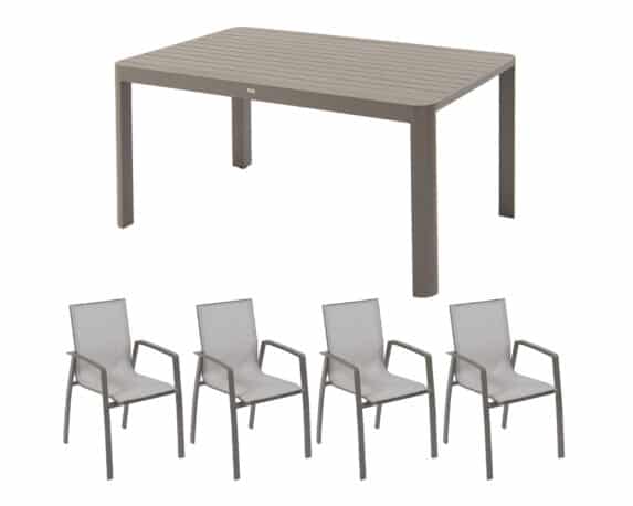 Set Pranzo Tavolo Allungabile Tommy Quadrato Taupe 97/149x149cm + 4 Poltrone Tommy Con Bracioli Grigio In Alluminio E Textilene