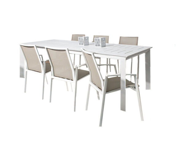 Set Pranzo Konnor 160/240x100h + 6 Poltrone Konnor Bianco In Alluminio E Textilene – Bizzotto