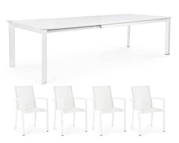 Set Pranzo Konnor 200/300x110h + 4 Poltrone Konnor Bianco In Alluminio E Textilene – Bizzotto