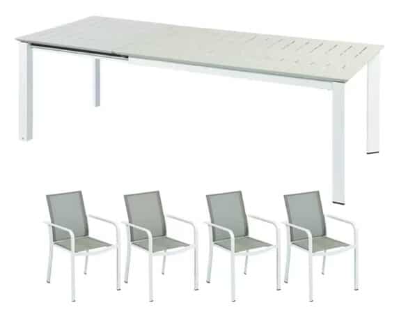 Set Pranzo New Butterfly 200/300x110cm + 4 Poltrone Beige In Alluminio E Textilene