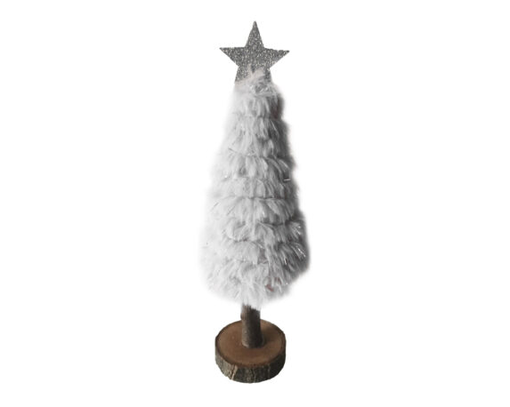 Statua Decorativa Albero Di Natale Bianco E Argentato Con Pelliccia