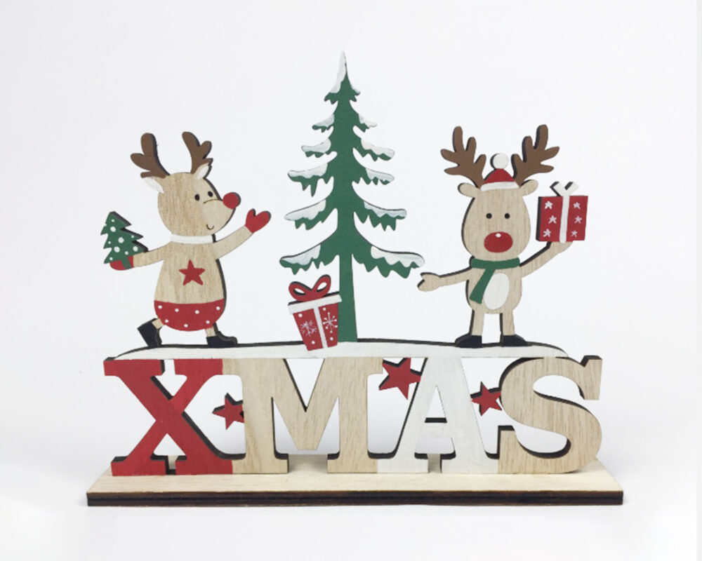 Sagoma con scritta XMAS in legno con renne