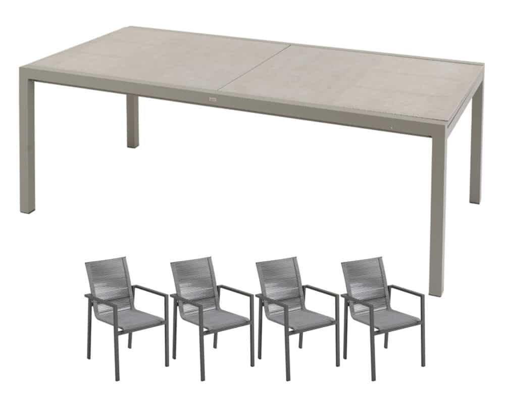 Set Pranzo William 220/340x107 Grigio + 4 Poltrone William Taupe in Alluminio e Corda