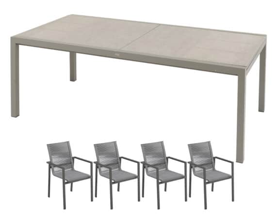 Set Pranzo William 220/340×107 Grigio + 4 Poltrone William Taupe In Alluminio E Corda