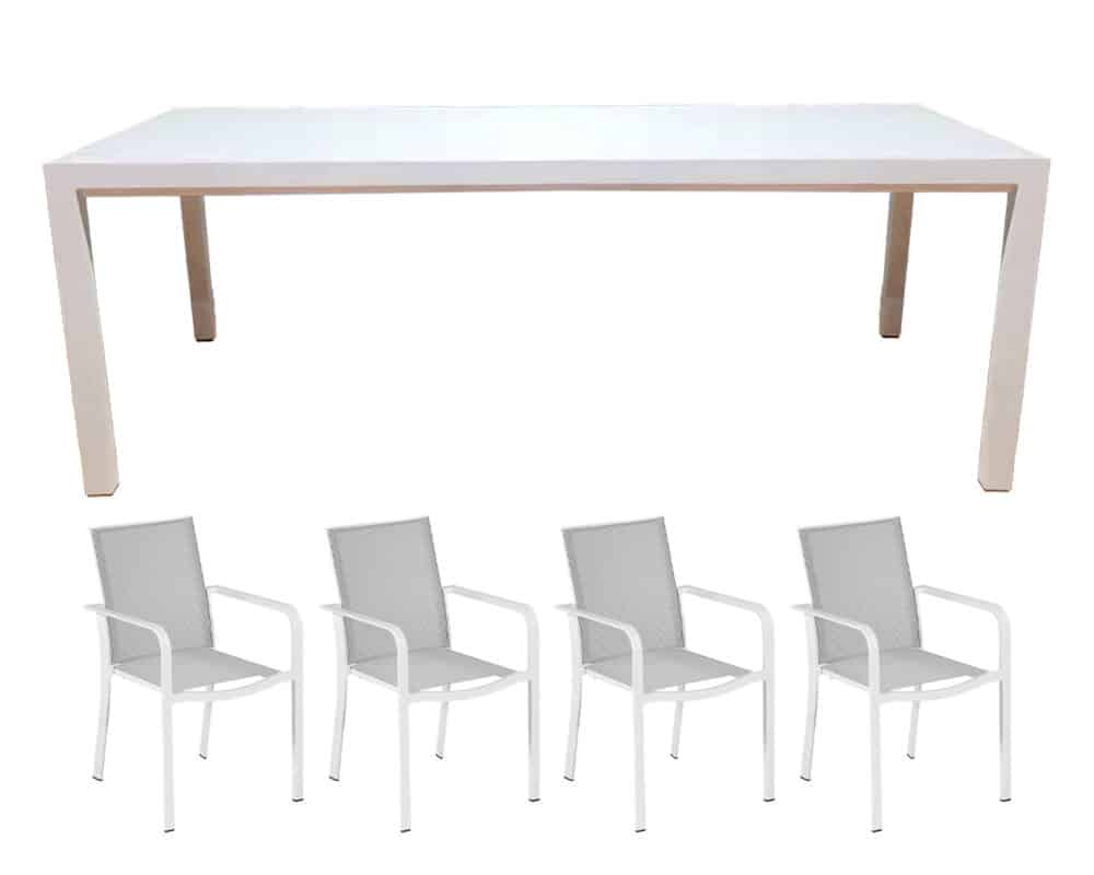 Set Pranzo New Merid 220/340x106 + 4 Poltrone New Croisette Bianco in Alluminio e Textilene