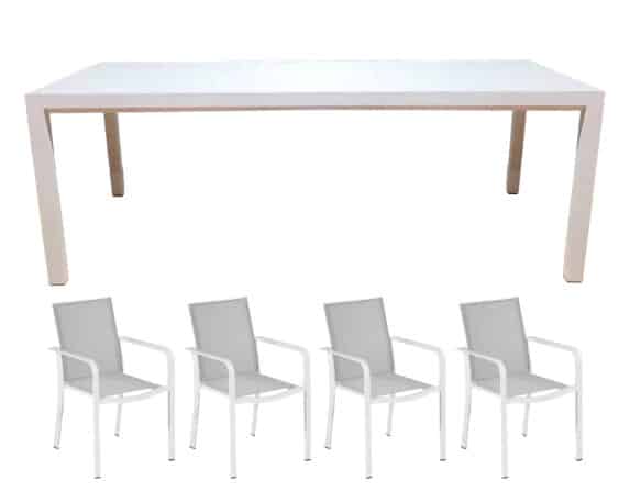 Set Pranzo New Merid 220/340×106 + 4 Poltrone New Croisette Bianco In Alluminio E Textilene