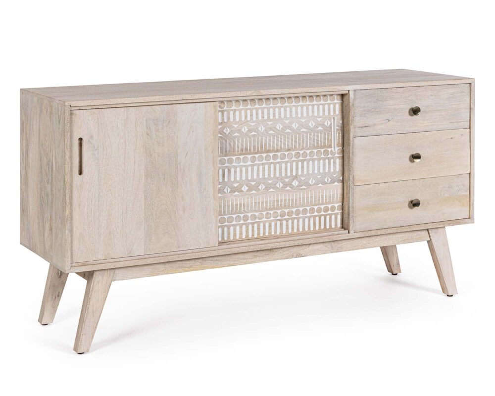 Credenza con 2 Ante e 3 Cassetti Indira in Legno di Mango e Metallo - Bizzotto