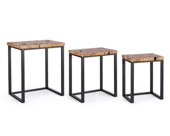 Set 3 Pz Tavolino Elwood In Radici Di Teak E Acciaio – Bizzotto