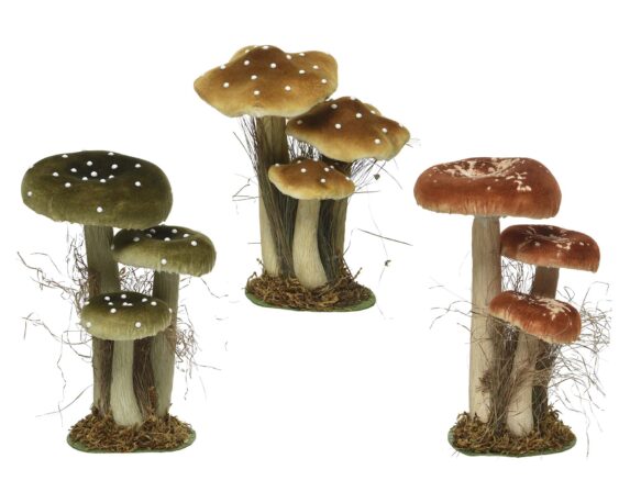 Decorazione 3 Funghi Con Erba Assortiti 26cm In Velluto