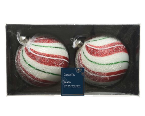 Set 2 Pz Decorazione Sfera A Strisce Effetto Zucchero D10CM In Vetro