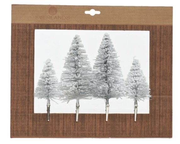 Set 4 Pz Decorazione Alberi Floccati Con Clip 14h In Metallo E PVC