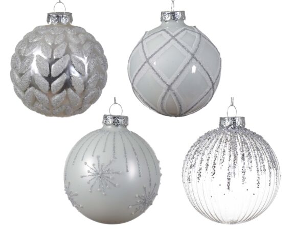 Decorazione Sfera Argento E Bianco Con Glitter Assortito D8CM In Vetro