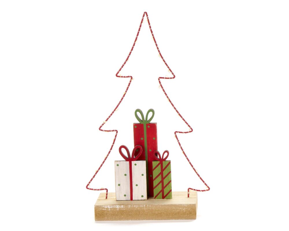 Decorazione Profilo Albero con Regali LED 33x20x7cm in Legno e Metallo