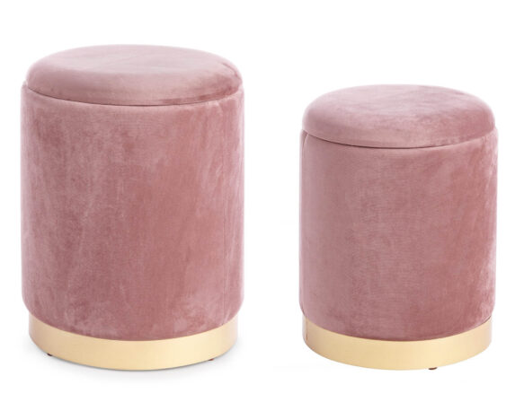 Set 2 Pz Pouf Con Contenitore Polina Rosa Antico In Acciaio E Poliestere – Bizzotto