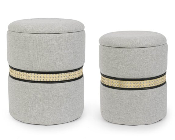 Set 2 Pz Pouf Contenitore Karina Grigio Chiaro In Similpelle E Rattan Sintetico – Bizzotto