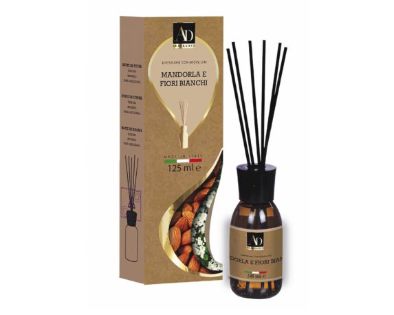 Diffusore Di Fragranza Con Midollini Mandorla E Fiori Biianchi 125ml In Vetro E Legno