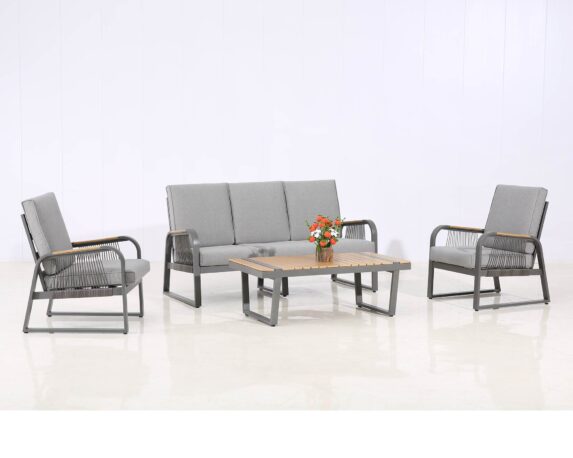 Set 3 Pz Salotto Con Sofa A 3 Posti Grigio In Alluminio E Poliestere – Floral Garden