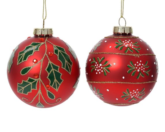 Sfera Con Rami Rosso Natale Assortito D8cm In Vetro